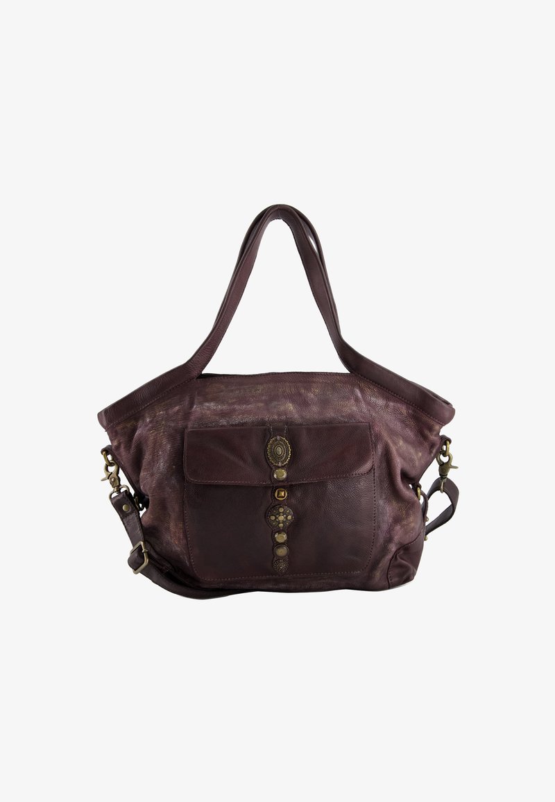 Lila Lederhandtasche mit doppelten Griffen und Schulterriemen. Verfügt über dekorative Knöpfe und eine Fronttasche. Strukturiertes, weiches Design.