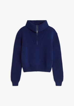 Navy blue knitted sweater with a high ribbed collar, half-zip closure, and a textured pattern on the body and sleeves. Cropped length.