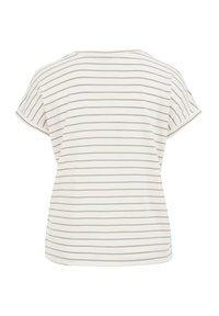 Maglietta a righe realizzata in tessuto morbido e leggero. La combinazione di colori include bianco con sottili righe beige. Maniche corte e vestibilità leggermente ampia.