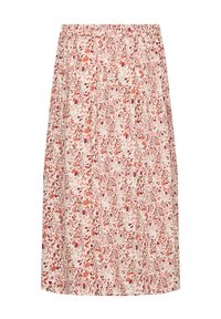 Bloemige midi-rok met een elastische tailleband, met een crèmekleurige achtergrond en een meerkleurig patroon van rode en roze bloemen.