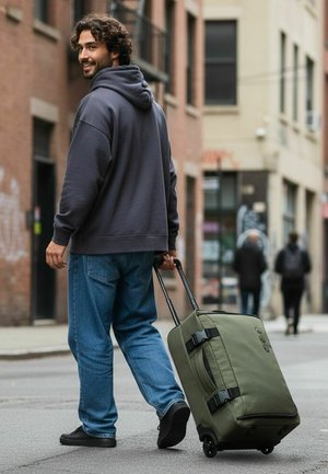 Uomo con felpa grigia con cappuccio e jeans che cammina in una strada della città, trascinando una valigia verde con rotelle e guardando indietro oltre la spalla.