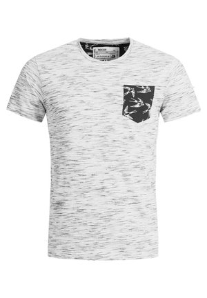 Kurzarm-T-Shirt aus einem gesprenkelten, hellgrauen Stoff. Verfügbar mit einer schwarzen Tasche mit einem weißen Vogelmuster. Rundhalsausschnitt-Design.