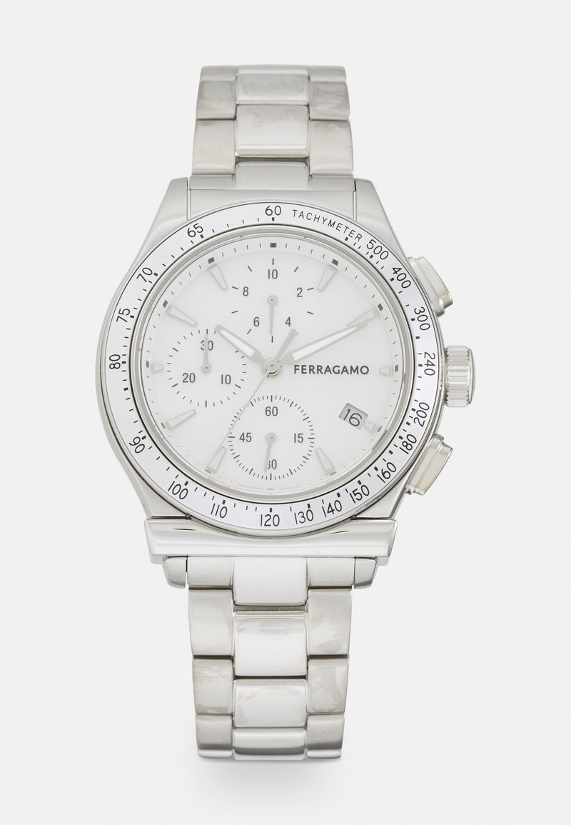 Ferragamo silver-tone watch with a white dial, chronograph subdials, tachymeter bezel, and a polished metal bracelet.