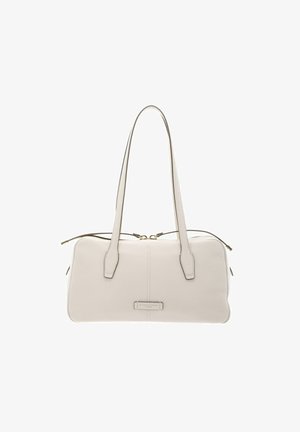Sac à main rectangulaire en cuir beige clair avec deux longues anses et fermeture éclair dorée, design minimaliste sur fond blanc.