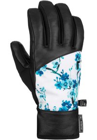 Schwarze Leder- und blümchenmusterte Winterhandschuhe mit einem weißen Textilbereich und blauen Blüten, gesichert mit einem verstellbaren Riemen.