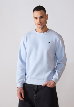 Light blue crewneck sweatshirt made from soft fabric, featuring a small black logo on the chest and ribbed cuffs and hem. Worn with dark pants.