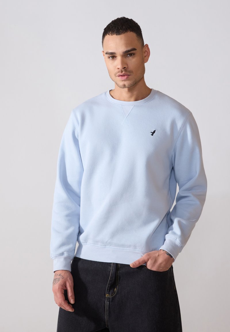 Ljusblå crewneck-tröja i mjukt tyg, med en liten svart logotyp på bröstet och ribbade ärmslut och nederkant. Bärs med mörka byxor.
