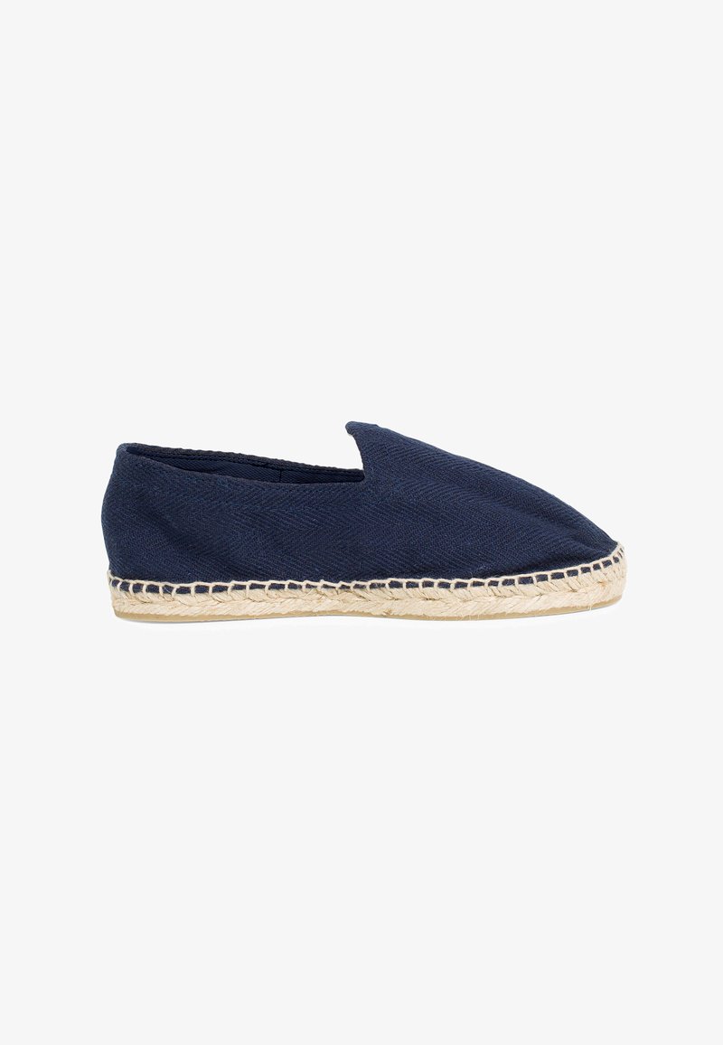 Granatowe płótno espadryle w stylu slip-on z plecioną jutową podeszwą i szytymi detalami, z okrągłym noskiem i niskim profilem.
