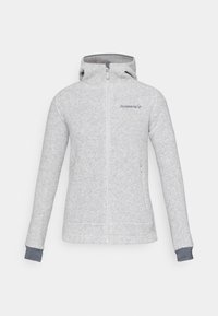 Haut en hoodie gris clair fabriqué en tissu doux, avec une fermeture éclair intégrale sur le devant, des poches latérales et des poignets bleus. Comprend un logo sur la poitrine.