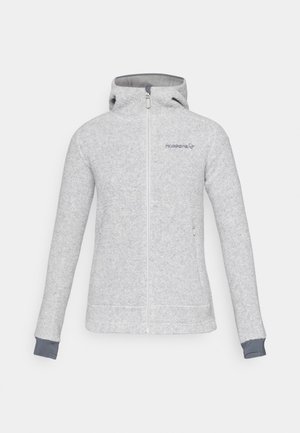 Jasnoszara bluza z kapturem wykonana z miękkiego materiału, z pełnym zamkiem błyskawicznym z przodu, kieszeniami po bokach i niebieskimi mankietami. Posiada logo na klatce piersiowej.