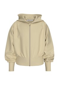 Felpa beige con cappuccio e zip, caratterizzata da polsini e orlo a costine, realizzata in materiale morbido, con il logo Calvin Klein Jeans sulla manica.