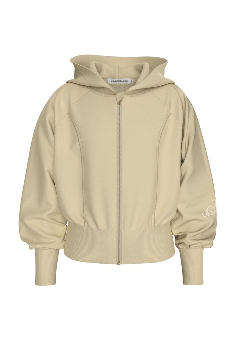 Felpa beige con cappuccio e zip, caratterizzata da polsini e orlo a costine, realizzata in materiale morbido, con il logo Calvin Klein Jeans sulla manica.