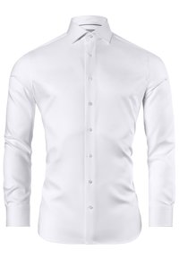 Witte blouse met lange mouwen en kraag, met een gladde textuur, knoopsluiting aan de voorkant en een ronde zoom.