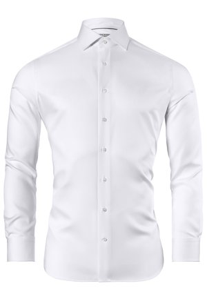 White long-sleeve dress shirt, collared, featuring a smooth texture with a button-down front and rounded hem.
