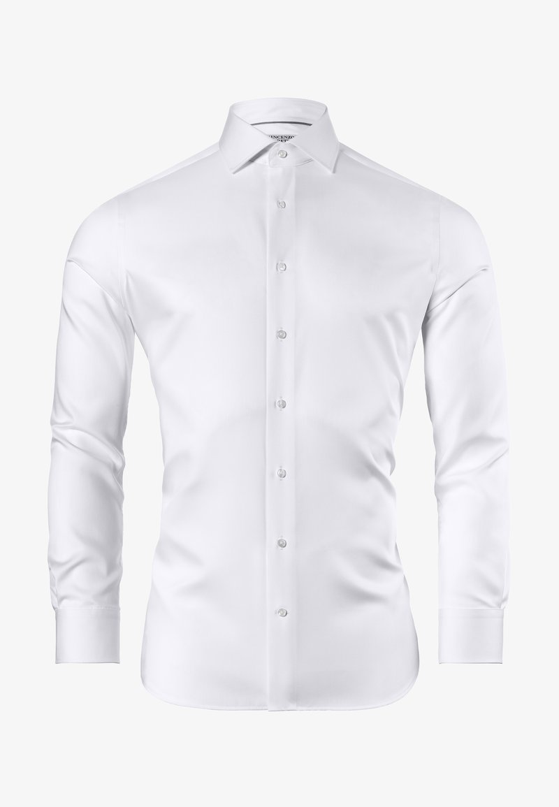 Witte blouse met lange mouwen en kraag, met een gladde textuur, knoopsluiting aan de voorkant en een ronde zoom.