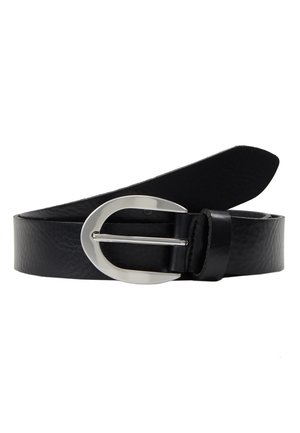 Melnas ādas josta ar gludu tekstūru, kurai ir sudraba apaļa sprādze un nedaudz sašaurināta malā. Vienkāršs, klasiskas dizains.