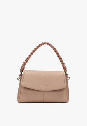 Beige Ledertasche mit geflochtenem Griff und Klappverschluss, auf der Vorderseite mit dem Markennamen "Hispanitas" versehen.
