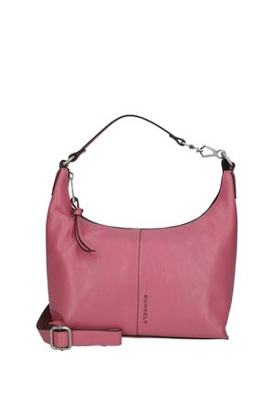 Sac à main en cuir rose avec une bandoulière simple, une longue bandoulière amovible, une fermeture éclair sur le dessus et le logo "BURKELY" sur le devant.