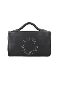 Borsa a mano in pelle nera con manico intrecciato e logo circolare con borchie sul davanti. Forma rettangolare compatta, texture liscia.