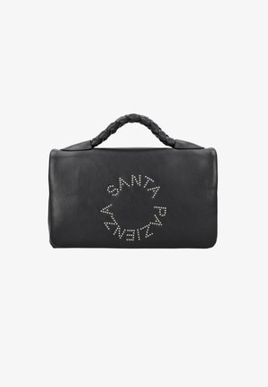 Borsa a mano in pelle nera con manico intrecciato e logo circolare con borchie sul davanti. Forma rettangolare compatta, texture liscia.