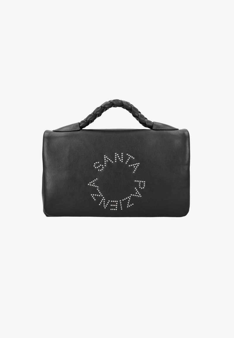 Borsa a mano in pelle nera con manico intrecciato e logo circolare con borchie sul davanti. Forma rettangolare compatta, texture liscia.