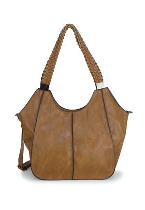 Hellbraune Lederschultertasche mit geflochtenen Griffen, schwarzem Paspel und geräumiger, leicht gewölbter trapezförmiger Form.