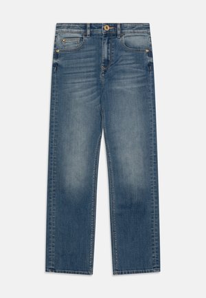 Džíny z denimu ve světle modré barvě s přímým střihem nohavic, zlatými knoflíky a kapsami vpředu. Vybledlá textura na stehnech a kolenou.