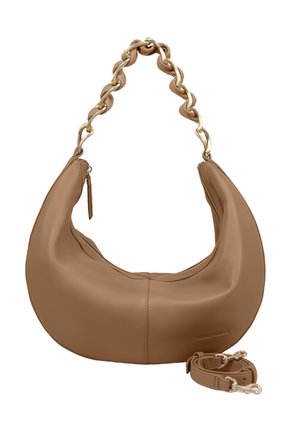 Brown leather handbag with a crescent shape, featuring a gold chain handle and a removable strap. Zippered closure with textured details.