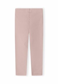 Ljusrosa ribbade stickade leggings med resårmidja, visade liggande på en vit bakgrund.