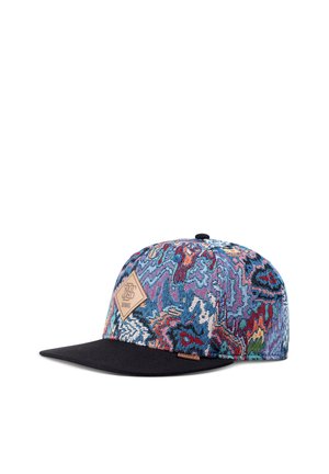 Cap with black flat brim and multicolored abstract woven fabric crown, featuring a tan diamond-shaped logo patch on the front left side.