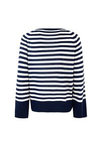 Maglione a righe blu navy e bianche con maniche lunghe, scollatura rotonda e orlo inferiore blu navy uniforme. Texture morbida, vestibilità casual.