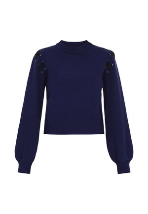 Sötétkék kötött pulóver magas nyakkal, hosszú puffujjakkal és fűzős részletekkel a vállakon. Strukturált szabás, bordás mandzsettákkal és aljjal.