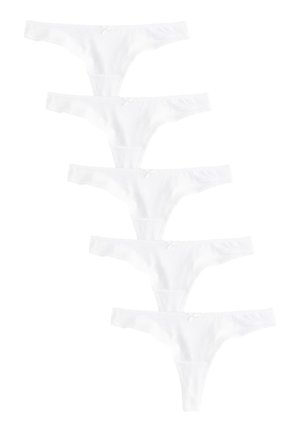 Perizoma bianco in cotone mostrato disposto a pila, caratterizzato da materiale morbido, design minimalista e piccoli fiocchi decorativi.