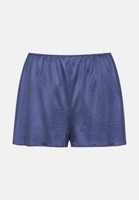 Marineblauwe satijnen shorts met een elastische tailleband en een gladde textuur, met een eenvoudig, recht model. Geen zichtbare patronen.