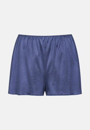 Marineblauwe satijnen shorts met een elastische tailleband en een gladde textuur, met een eenvoudig, recht model. Geen zichtbare patronen.
