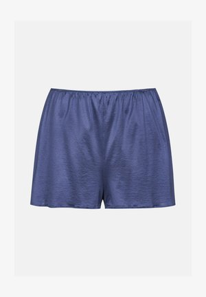 Granatowe satynowe szorty z elastycznym paskiem w talii i gładką teksturą, o prostym, prostym kroju. Brak widocznych wzorów.