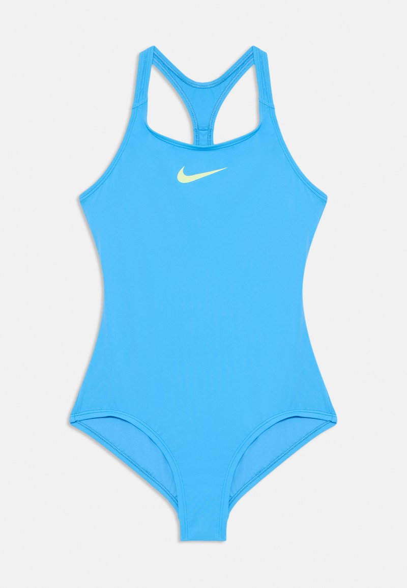 Blue one-piece swimsuit made from smooth fabric with racerback design. Features a light yellow Nike logo on the front.