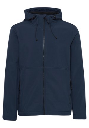 Marineblå hettegenser med frontglidelås, snorhette og to sidelommer med glidelås. Glatt ytterflate, moderne design.