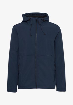 Tummansininen huppari, jossa on edessä vetoketju, säätönyöri huppu ja kaksi vetoketjullista sivutaskua. Sileä ulkopinta, moderni muotoilu.