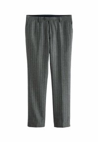 Grau gestreifte Hose aus strukturiertem Stoff, mit geradem Schnitt, Fronttaschen und einem einzigen Knopfverschluss.