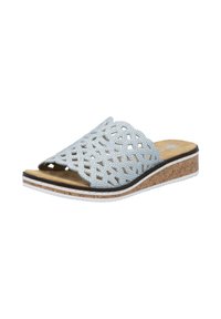 Helles blauer Slide-Sandal mit einem perforierten Oberdesign, Kork-Zwischensohle und einer weißen Gummi-Außensohle. Geschwungene Kanten verleihen zusätzliche Details.