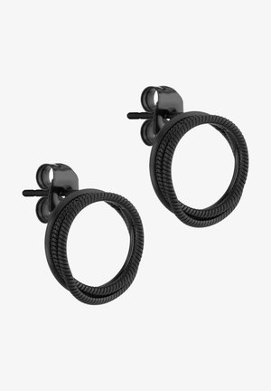 Schwarze Creolen mit einem strukturierten, gedrehten Design; aus Metall mit einem sicheren Steckverschluss zum Tragen.