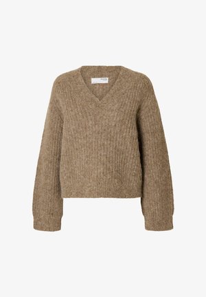 Svijetlosmeđi rebrasti pletenipulover s V-izrezom i dugim, blagim napuhanim rukavima. Mekana tekstura i skraćeni kroj.