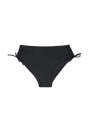 Bas de bikini noir pour femme avec des liens réglables sur les côtés et un tissu froncé de chaque côté, posé à plat sur un fond blanc.
