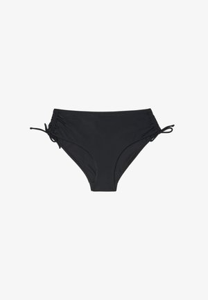Bas de bikini noir pour femme avec des liens réglables sur les côtés et un tissu froncé de chaque côté, posé à plat sur un fond blanc.