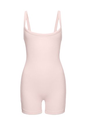 Varruka, roosa bodysuit õhukeste rihmadega, millel on ümar kaelus ja lühikesed jalad, valmistatud siledast ja venivast kangast.