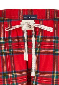 Rode geruite korte broek met een wit trekkoord, met een mix van blauwe, groene en gele lijnen. Een label toont "HAPPY ♥ SHORTS."