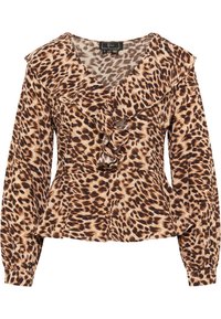 Bluse med leopardmønster, rynket halsudskæring, lange ærmer og peplumkant. Fremstillet i blødt stof i nuancer af brun og beige.
