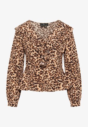 Leopardi mustriga pluus, millel on volangiga kaelus, pikad varrukad ja peplum ääreline. Valmistatud pehmest kangast, millel on pruunid ja beežid toonid.