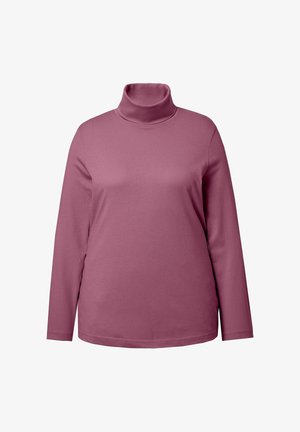 Long-sleeve turtleneck top in mauve, made of soft cotton blend. Features a fitted neck and straight hem, with smooth texture and minimal detailing.